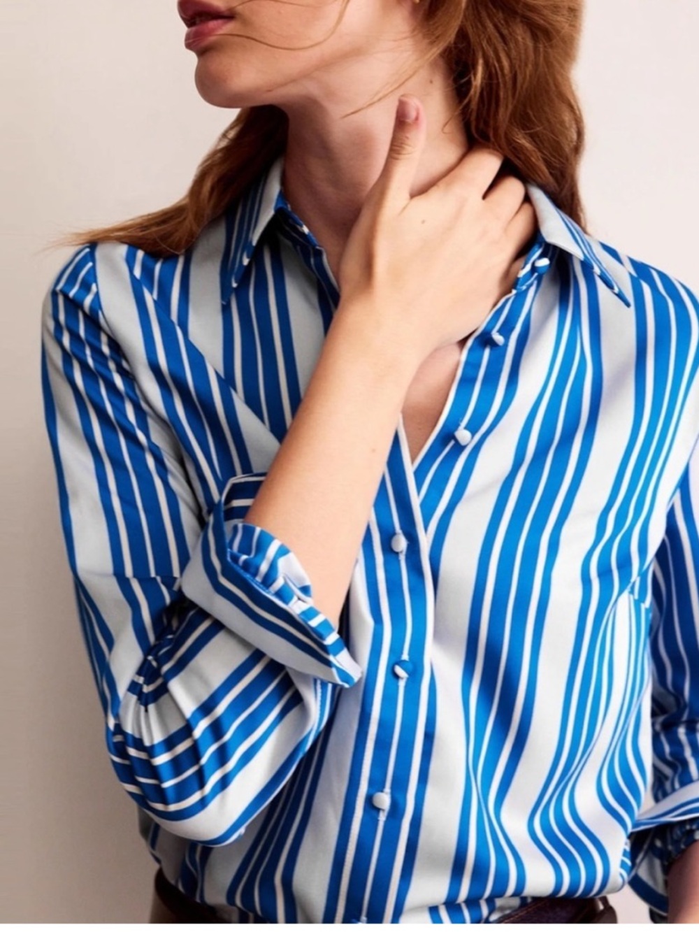 Boden Straight Fit Woven Button Down Shirt Blouse in Blue Stripe